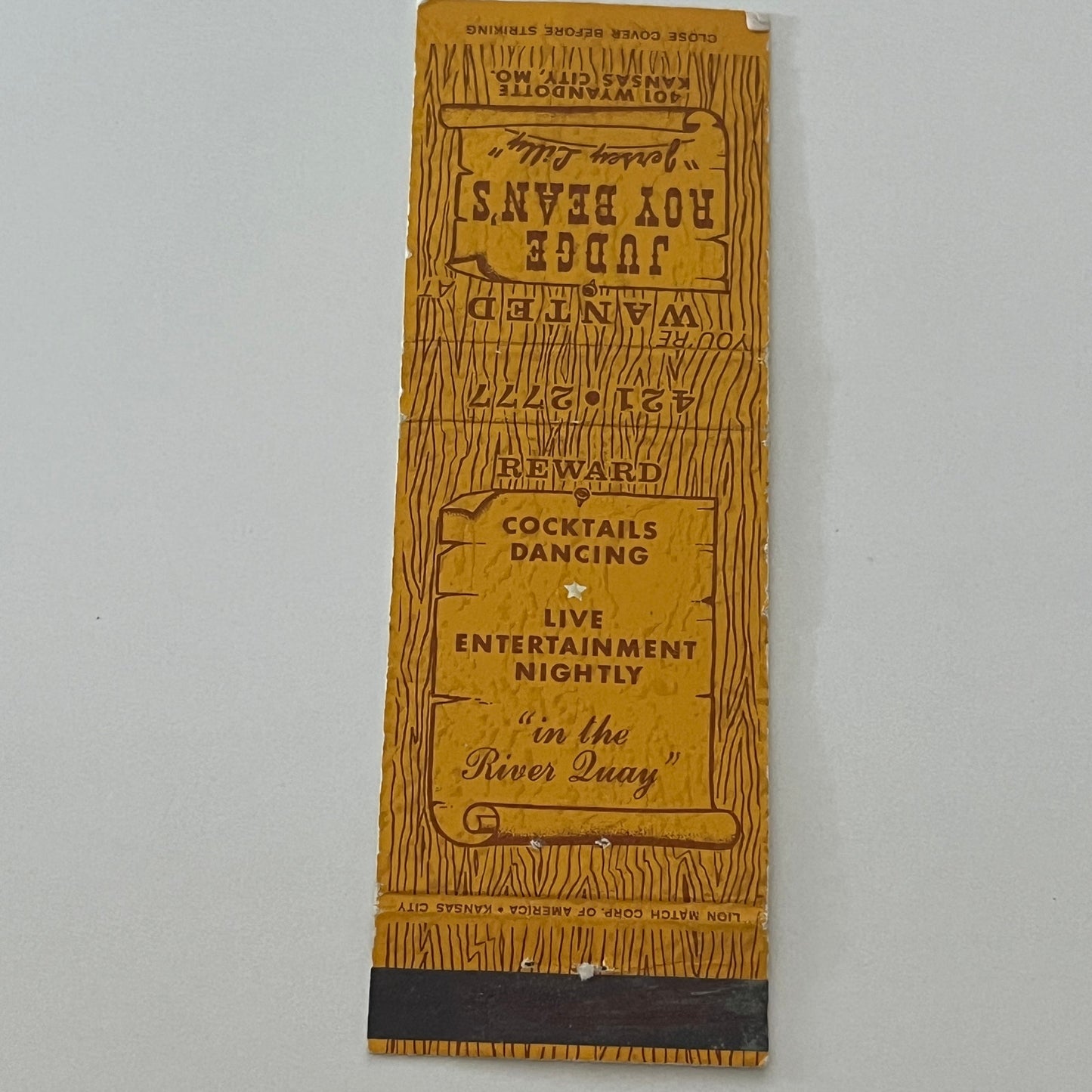 Judge Roy Bean's Jersey Lilly Restaurant Kansas City Matchbook Cover TB6-MB2-4