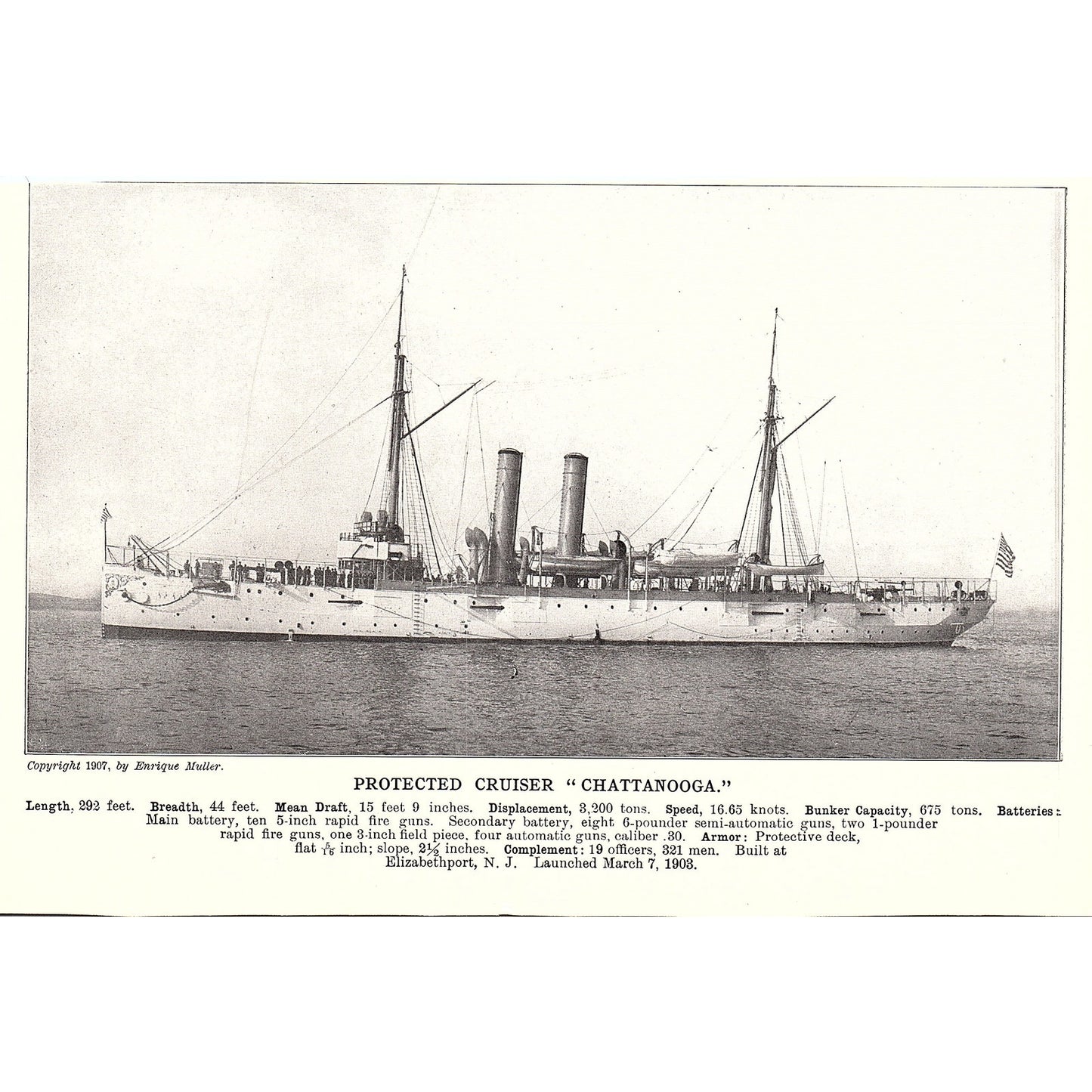 Protected Cruiser Minneapolis & Chattanooga Double Sided 1910 Print AF6-19