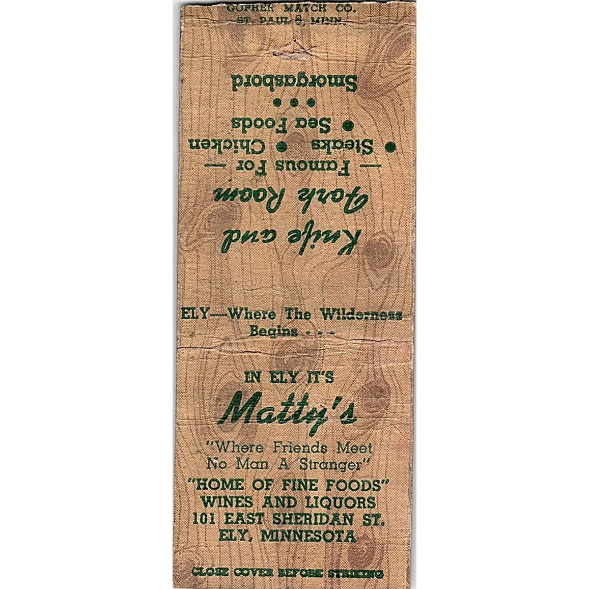 Matty's Knife and Fork Room Ely MN Vintage Matchbook Cover SF3-Y3