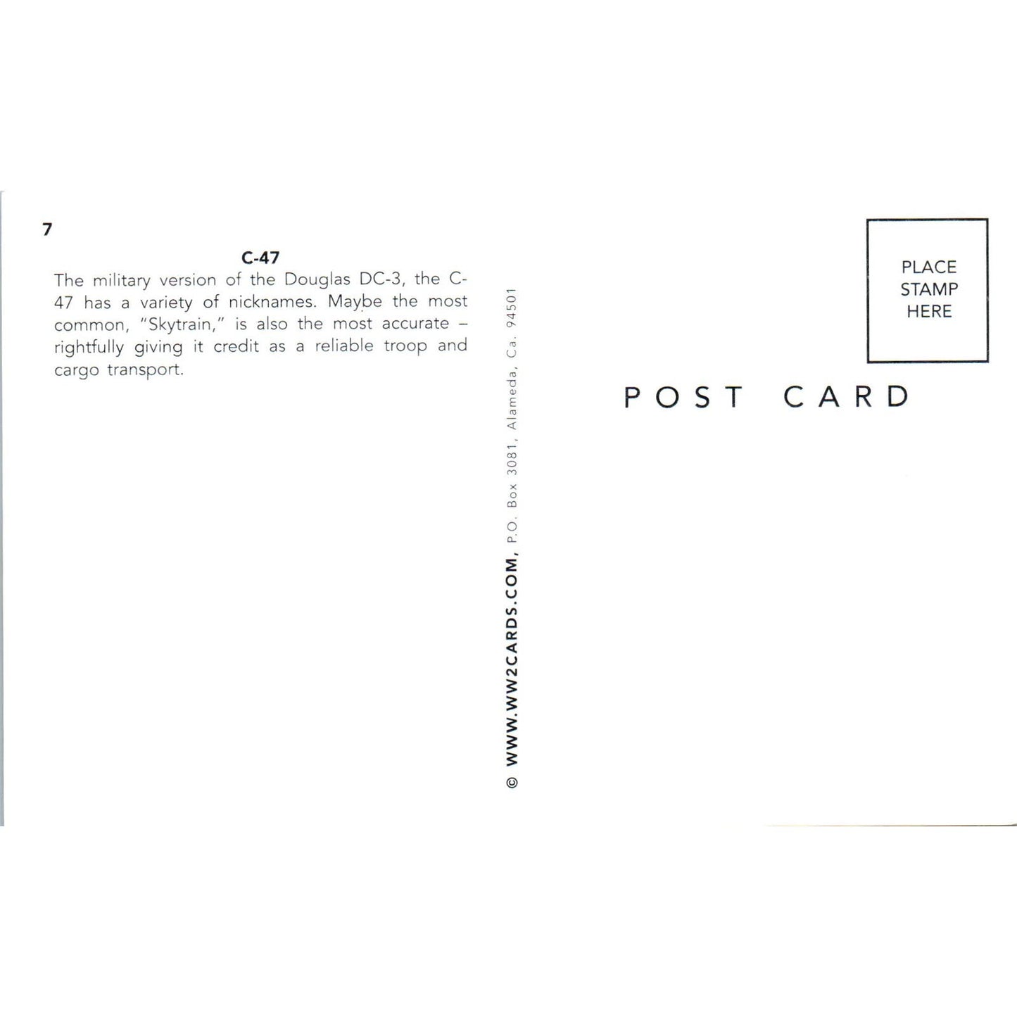 USAF C-47 Skytrain Transport Vintage Postcard PC19