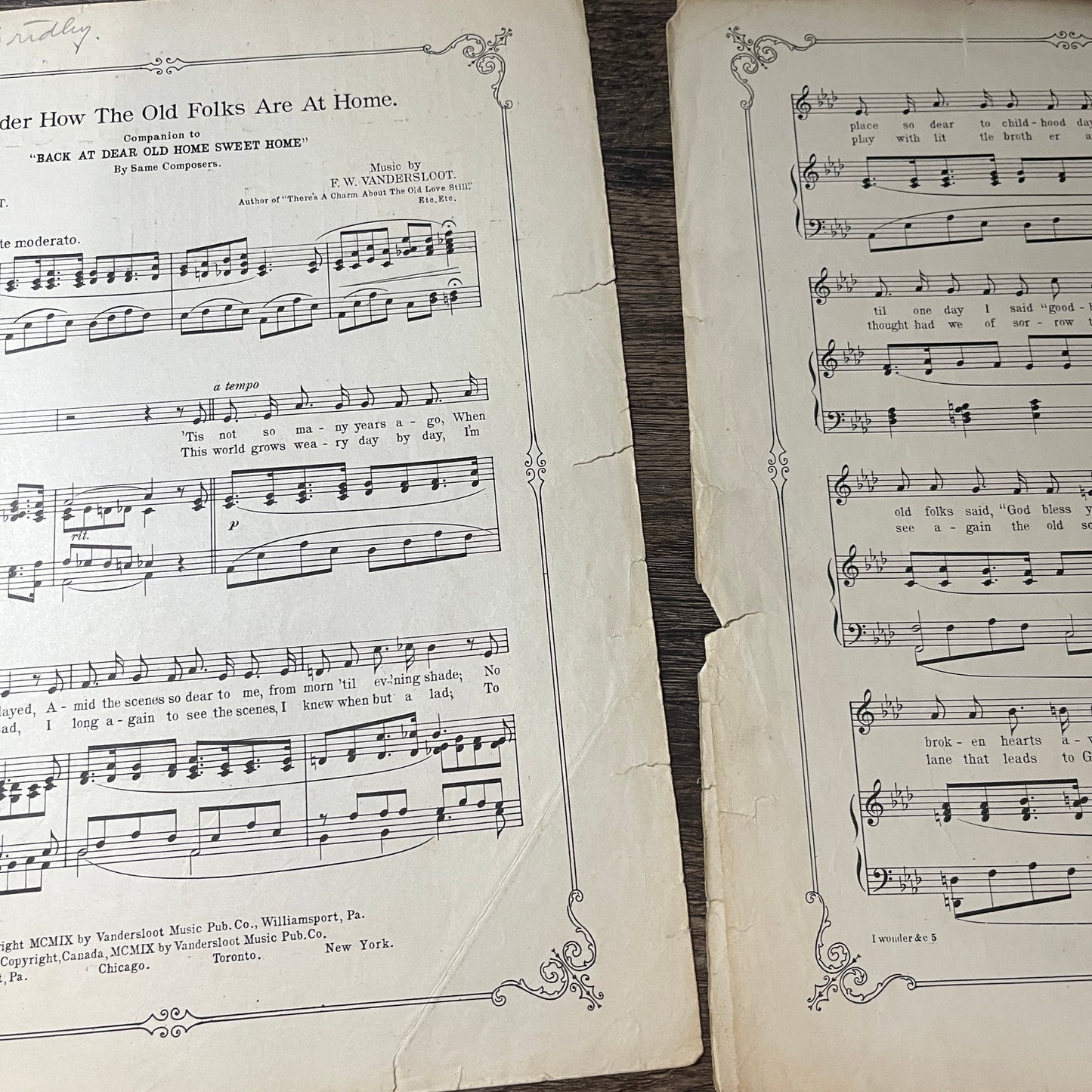 I Wonder How The Old Folks Are At Home F.W. Vandersloot 1909 Sheet Music V13