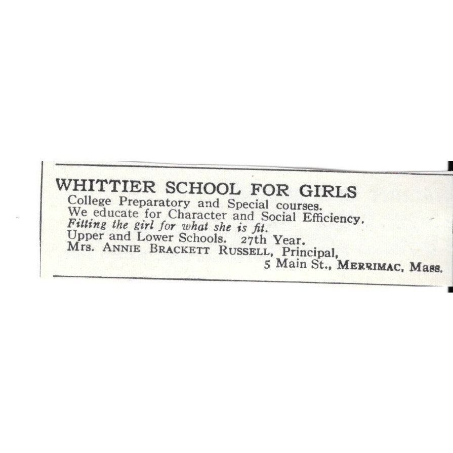 Whittier School for Girls Merrimac MA Mrs Annie Brackett Russell c1920 Ad AG4-S9