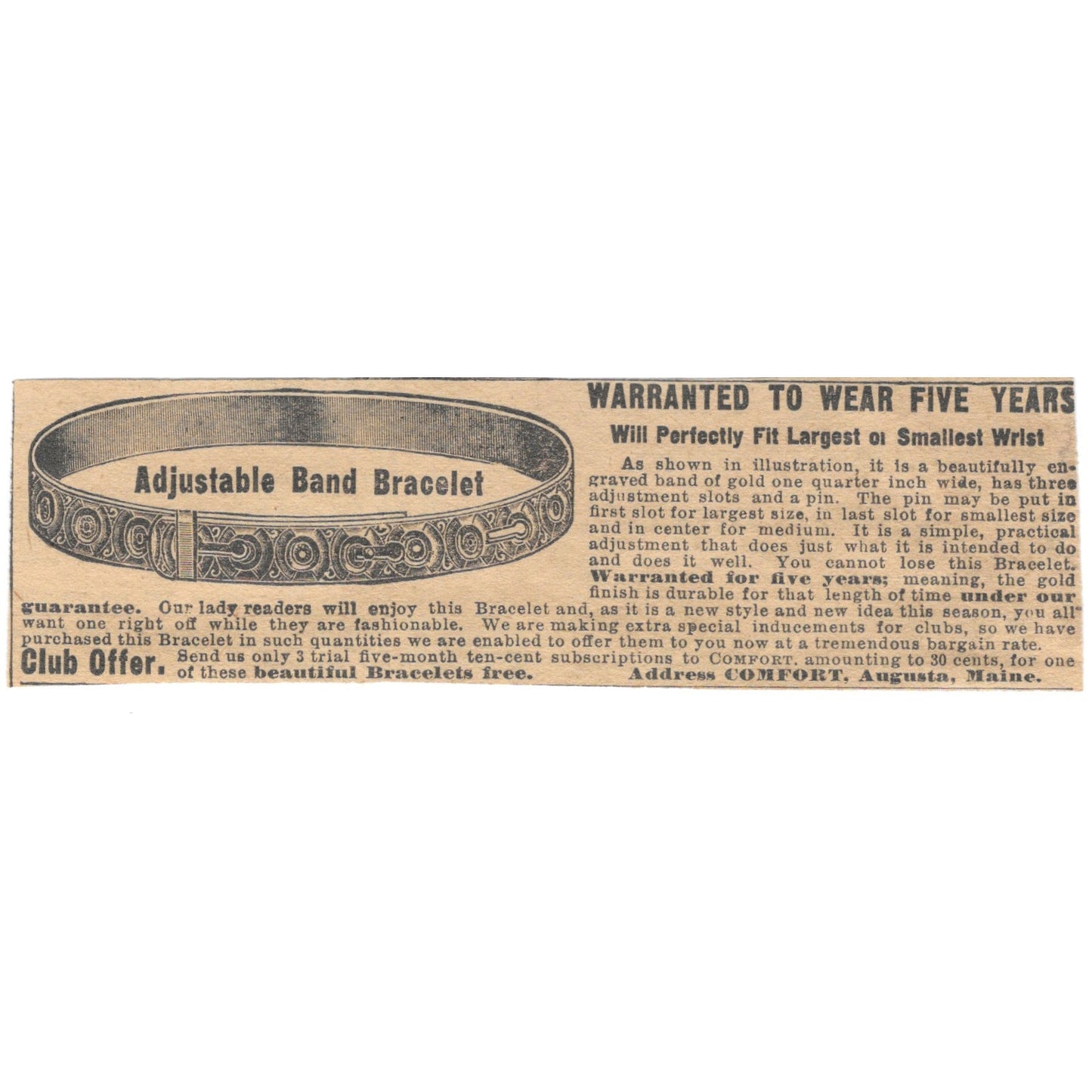 Adjustable Band Bracelet Club Offer Comfort Augusta ME 1910 Magazine Ad AF1-CM3