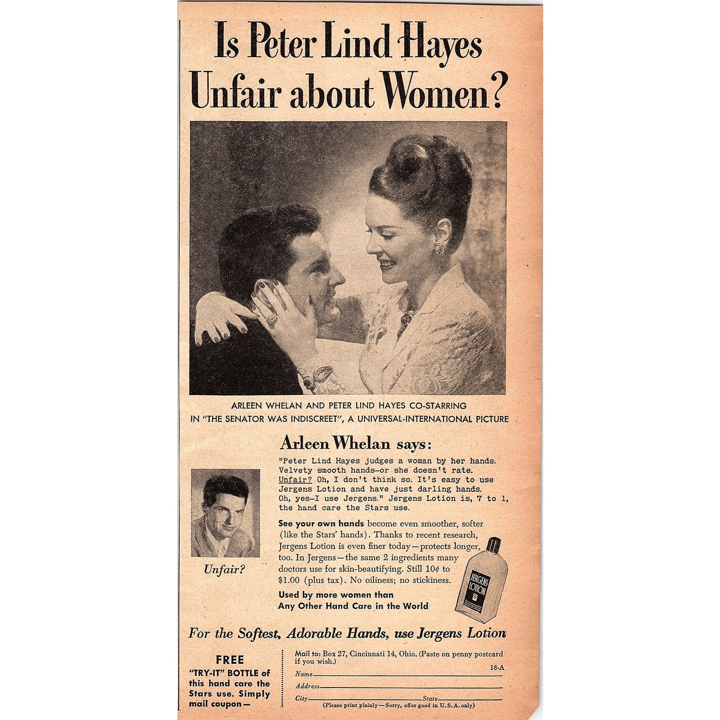 Peter Lind Hayes, Arleen Whelan - Jergens Lotion 1948 Ad AF8-1
