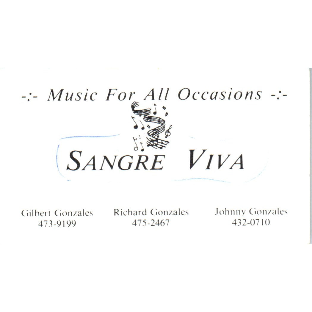 Sangre Viva Gilbert, Richard, Johnny Gonzalez Vintage Business Card SD8-B12