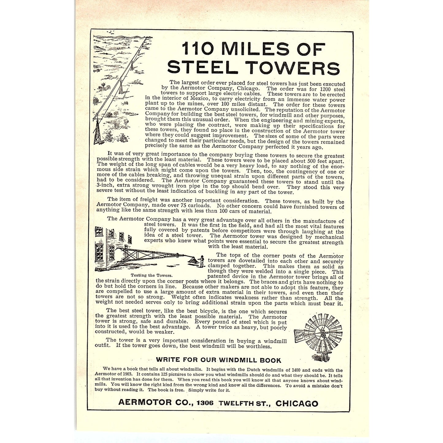 Aermotor Co Windmills 110 Miles of Steel Towers Chicago 1903 Ad AG3-7