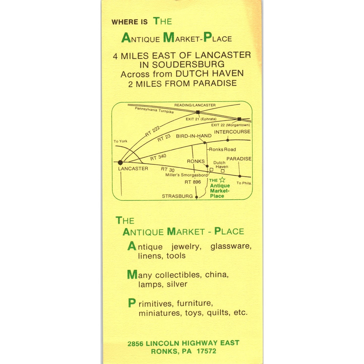1970s The Antique Market Place Ronks PA Travel Leaflet TF4-BB