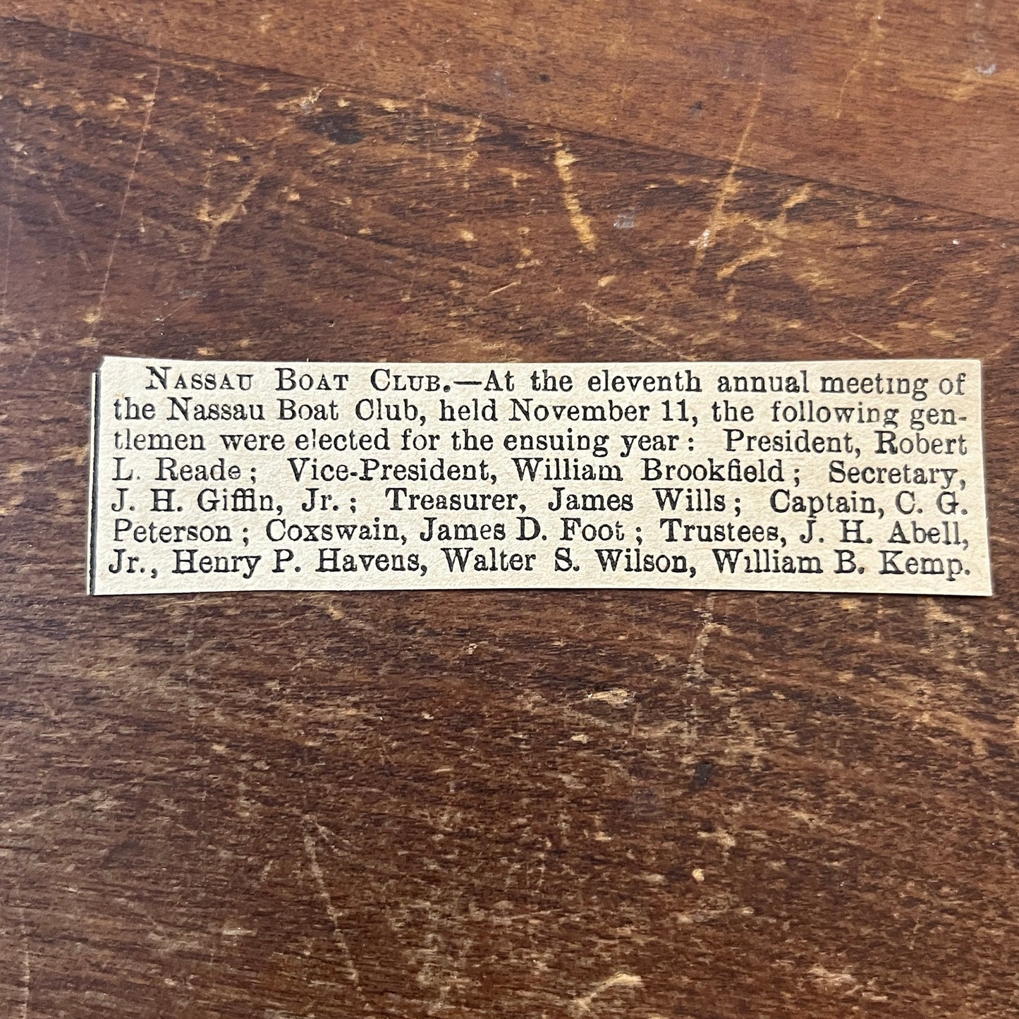 Nov 1878 Nassau Boat Club Officer Election Robert L. Reade 1878 Clip AG2-S17