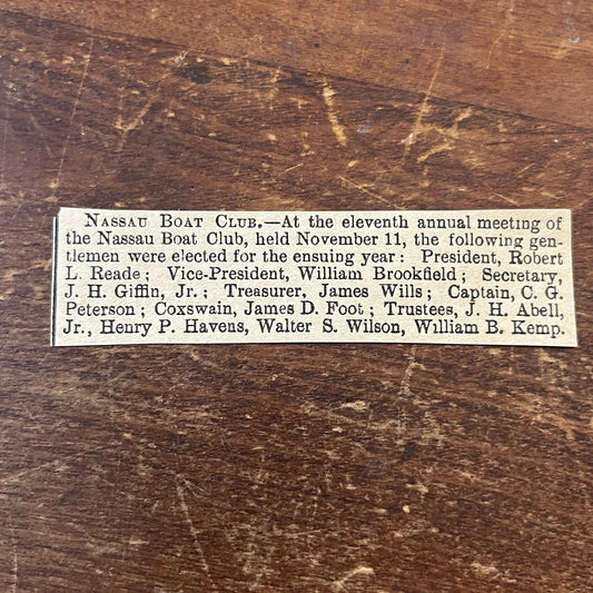 Nov 1878 Nassau Boat Club Officer Election Robert L. Reade 1878 Clip AG2-S17