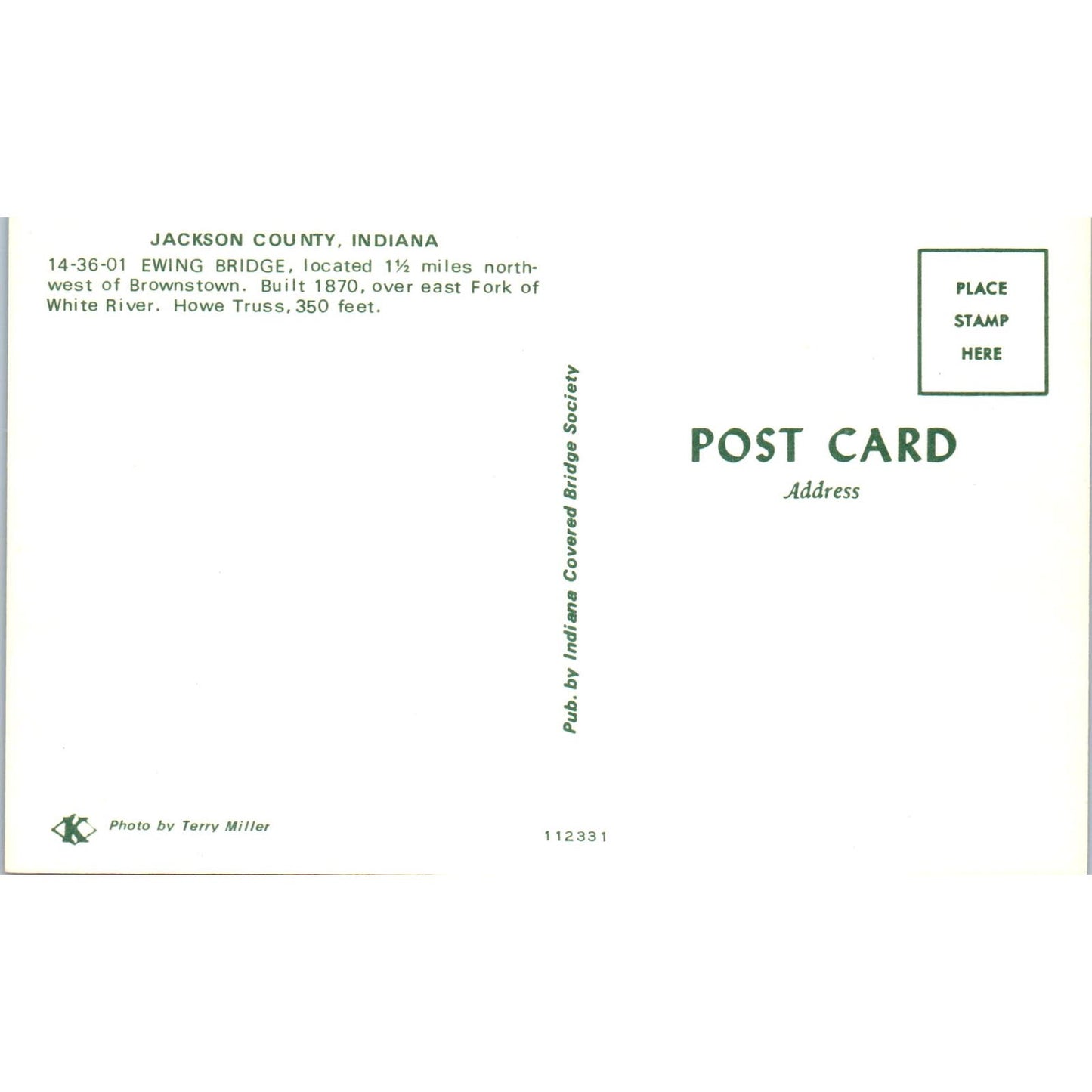 Ewing Bridge Jackson County Indiana White River Covered Bridge Postcard PB11