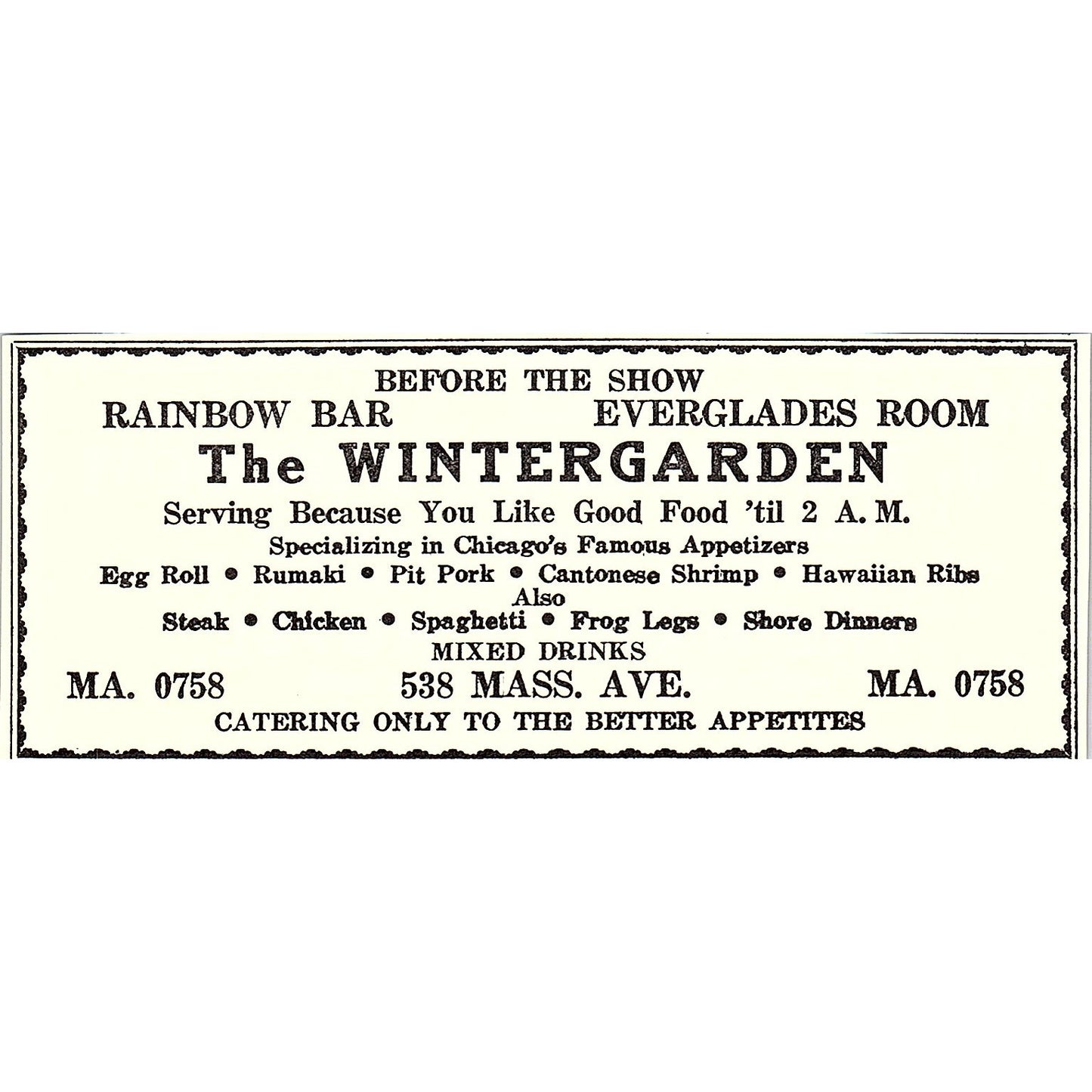 The Wintergarden Rainbow Bar Everglades Room Indianapolis IN 1947 Ad AF6-21