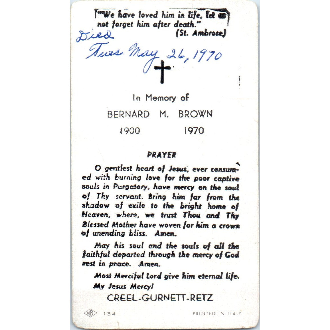 1970 Bernard M. Brown Funeral Prayer Card Prayer of St. Ambrose TH2-PC1