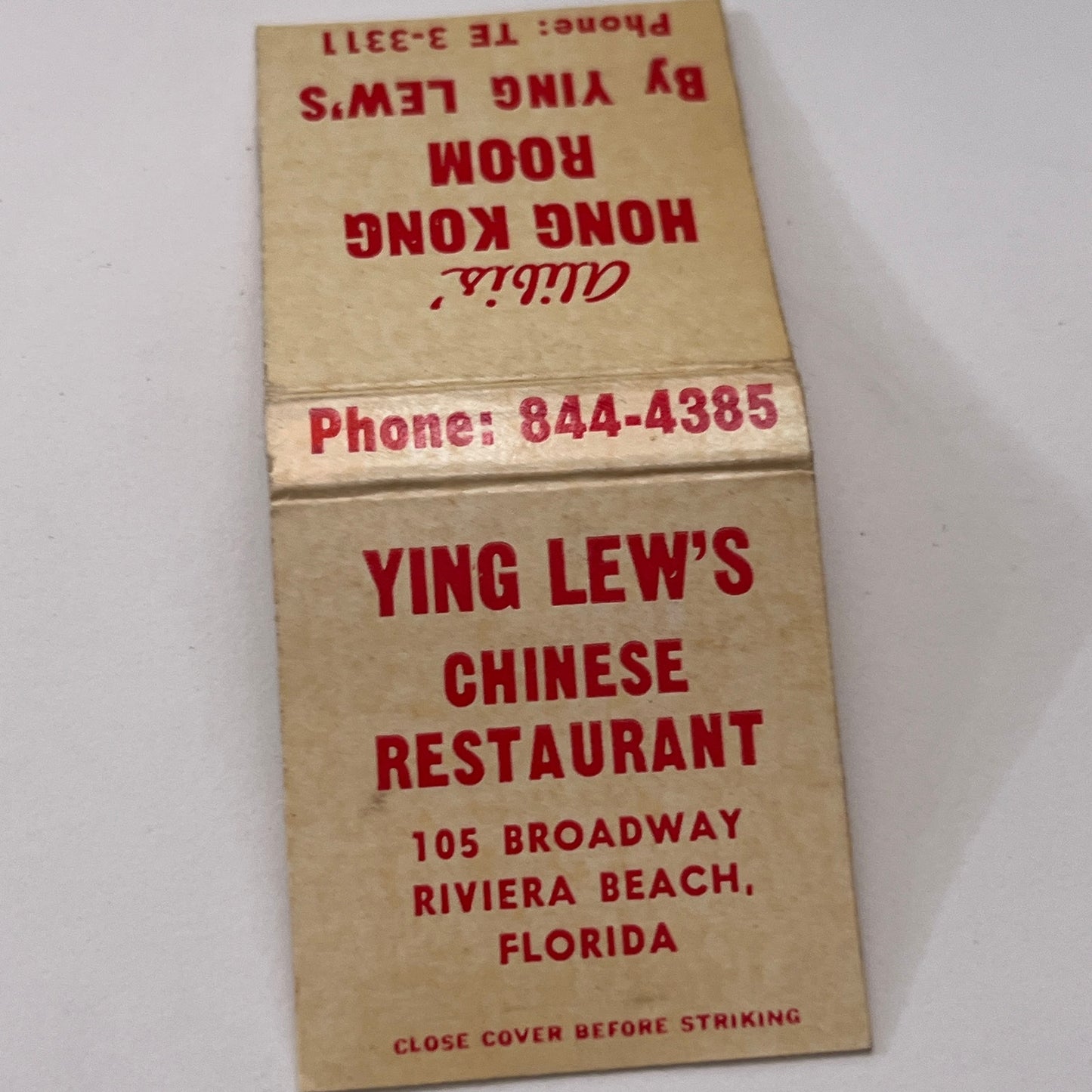Ying Lews Chinese Restaurant Riviera Beach FL Vintage Matchbook Cover TB8-MB-11