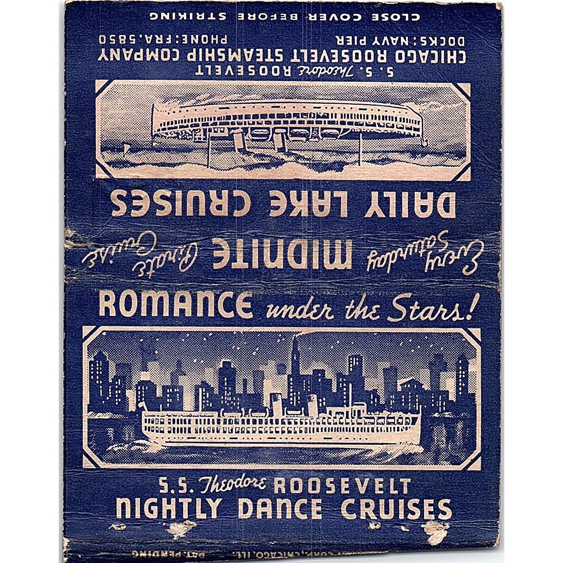 SS Theodore Roosevelt Steamship Navy Pier Vintage Large Matchbook Cover TH2-Y3