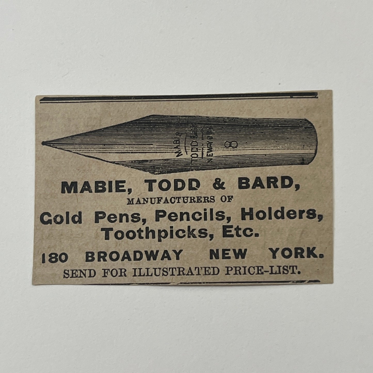 Mabie, Todd & Bard Pencils Pens Toothpicks 180 Broadway NY 1878 Ad AG2-M15