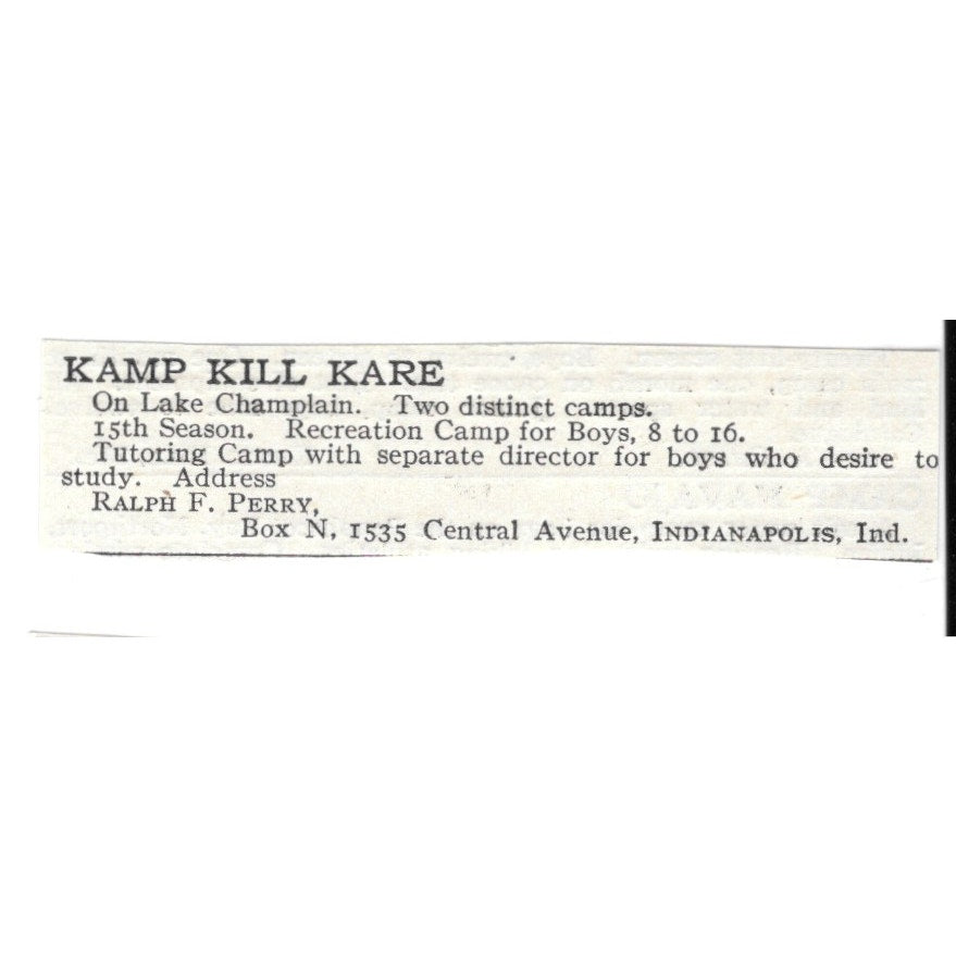 Kamp Kill Kare Indianapolis IN Ralph F. Perry c1920 Harper’s Magazine Ad SAG4-S4