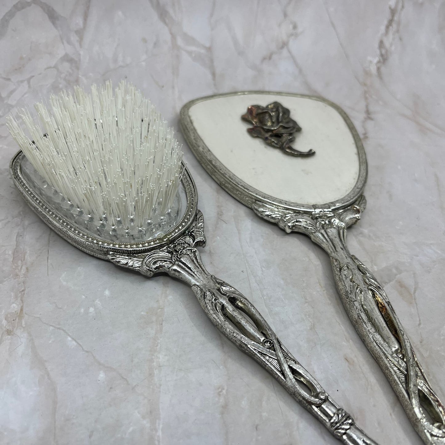 1950s Vanity Set Brush Comb Mirror Chrome Silver Toned Ornate Roses TF5
