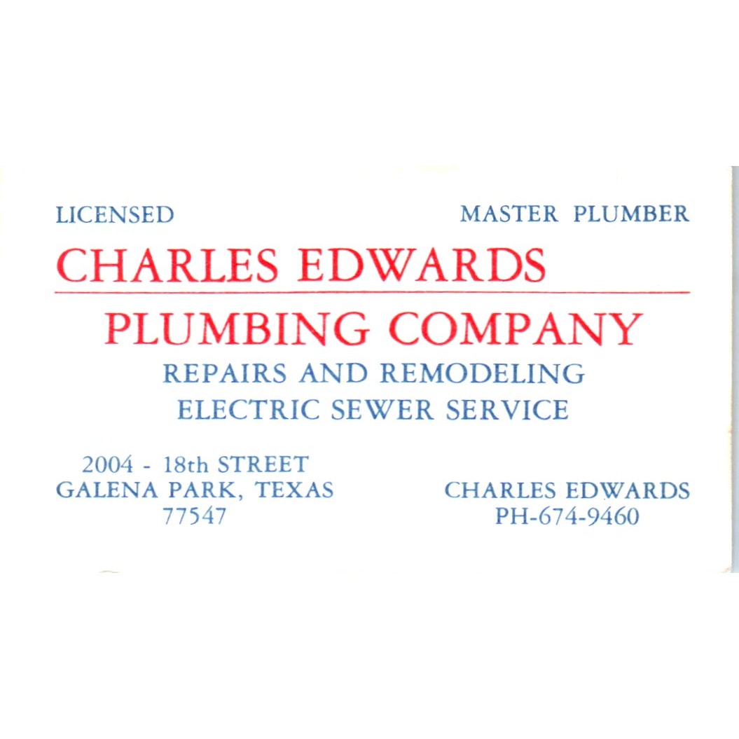 Charles Edwards Plumbing Company Galena Park TX Vintage Business Card SD4-B1