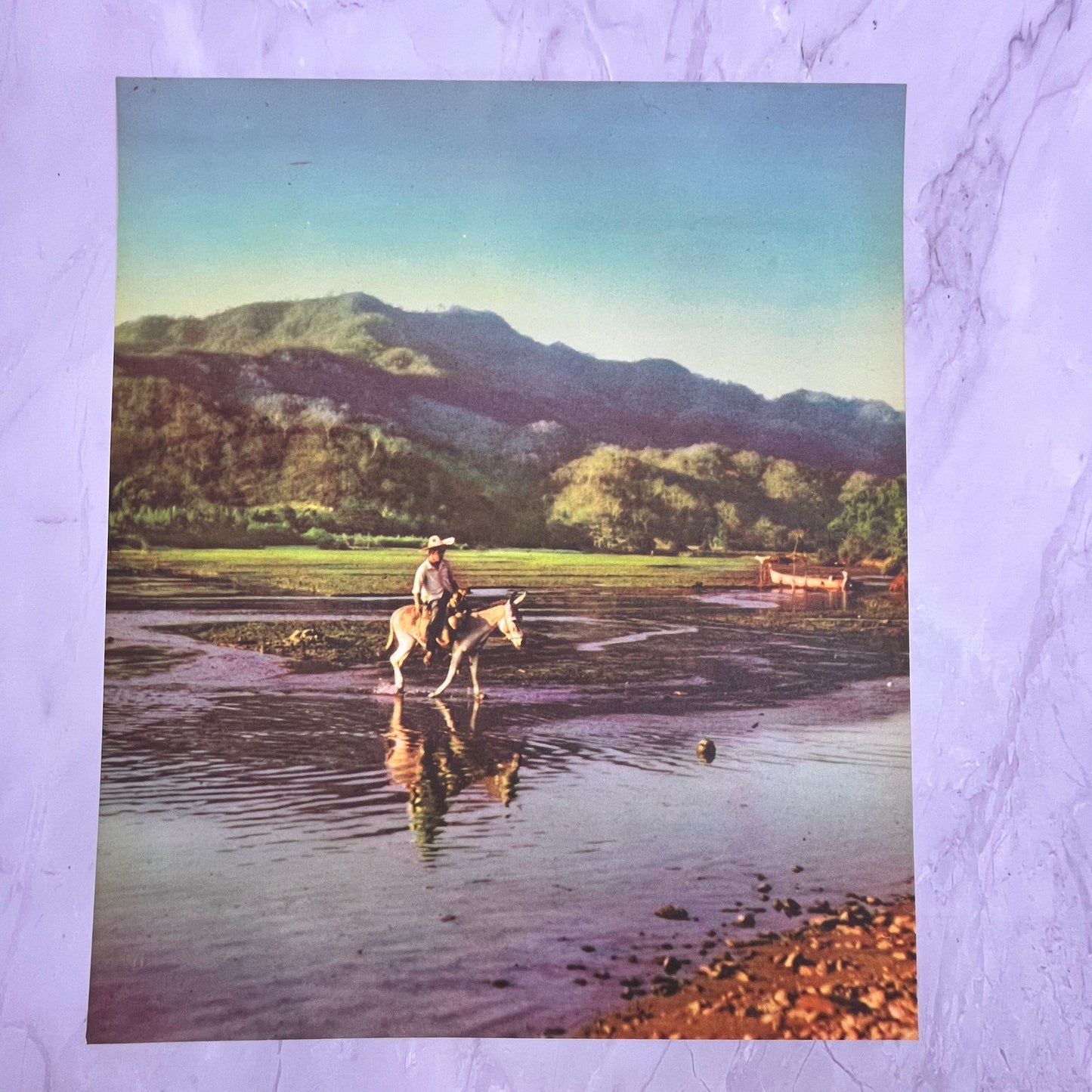 Man Riding Donkey in Water Near Hill - Retro Mexican Art 12x14" Art Print V22