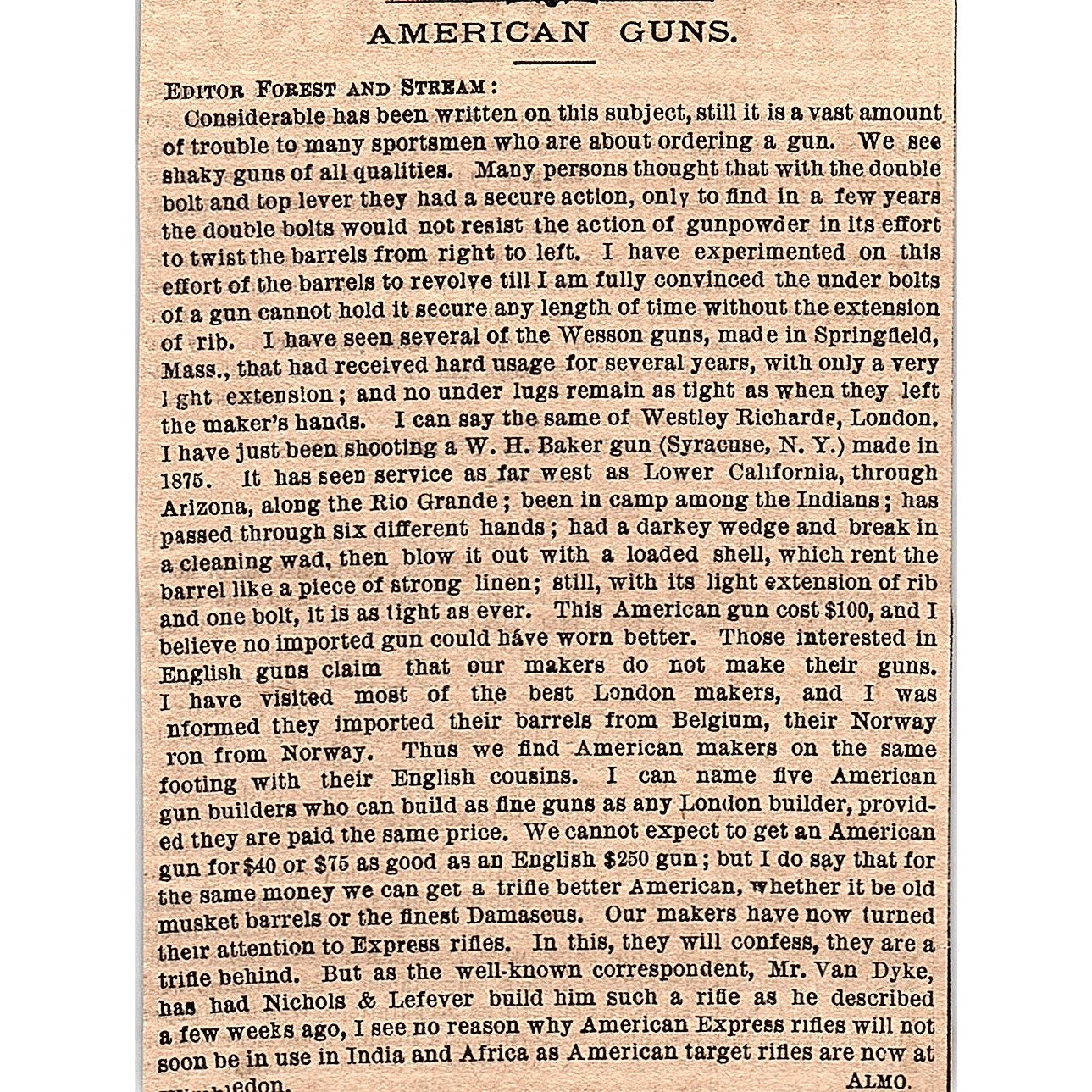 American Guns - W.H. Baker Guns Syracuse NY 1878 Article AG2-H3