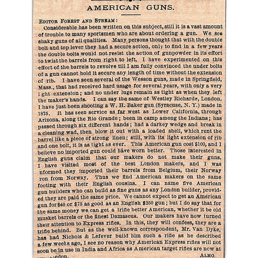 American Guns - W.H. Baker Guns Syracuse NY 1878 Article AG2-H3