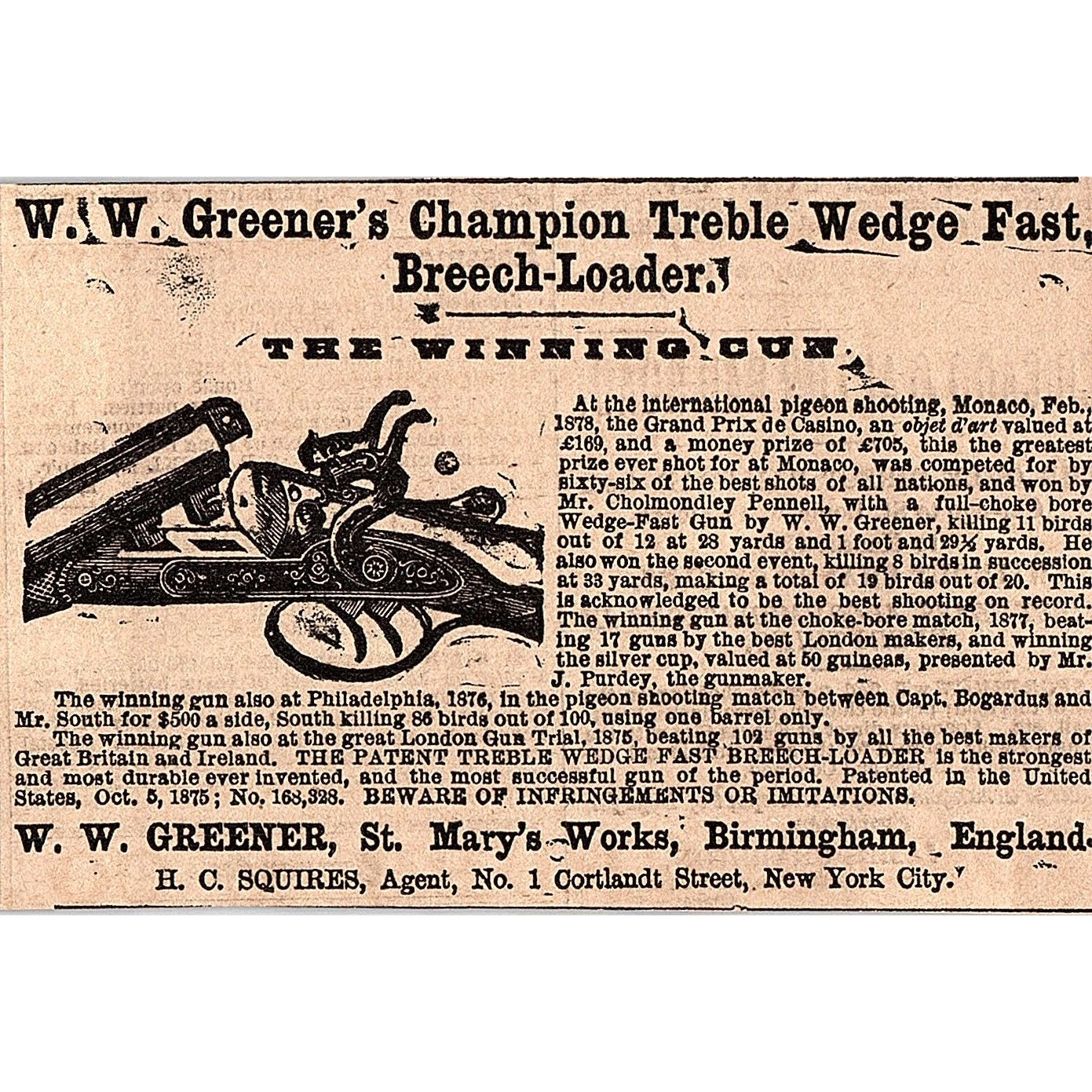 W.W. Greener's Champion Treble Wedge Fast Breech Loader England 1878 Ad AG2-H4