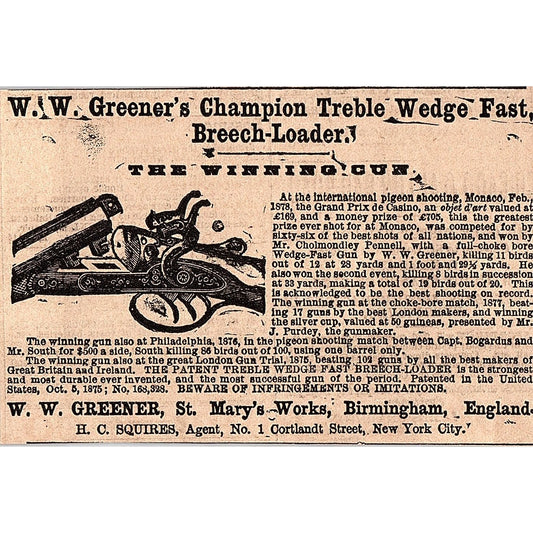 W.W. Greener's Champion Treble Wedge Fast Breech Loader England 1878 Ad AG2-H4