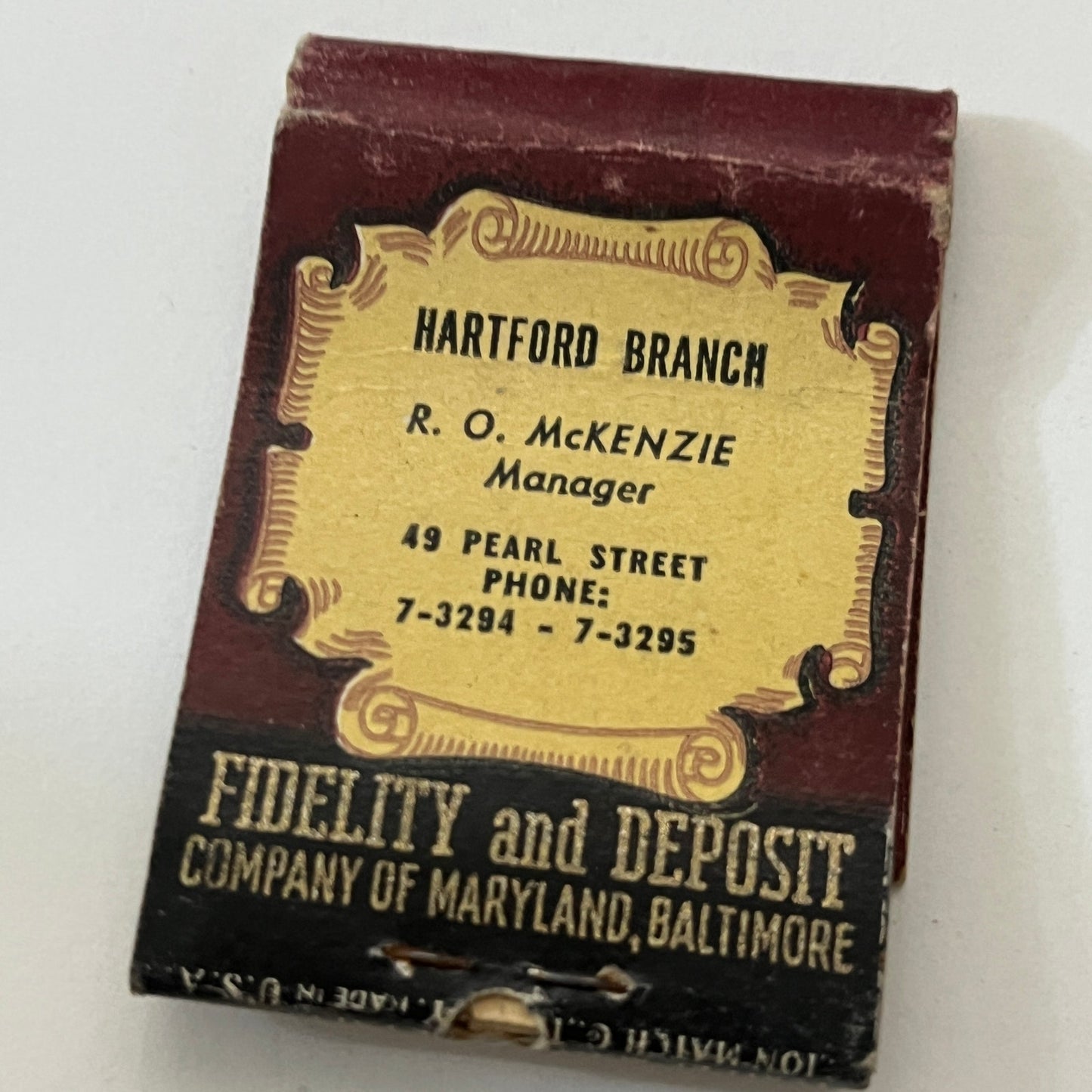 R.O. McKenzie Fidelity & Deposit Co Hartford Vintage Matchbook Cover TB6-MB1-2