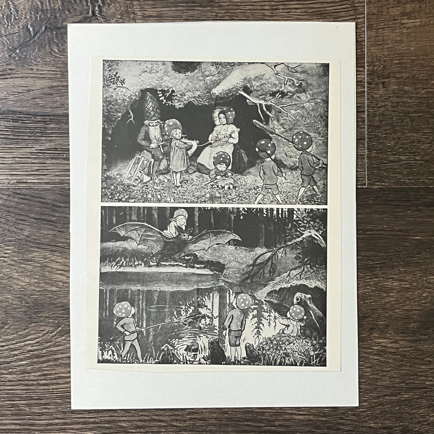 Vintage Children of the Forest by Elsa Beskow Black and White 6x7 Art Print V2