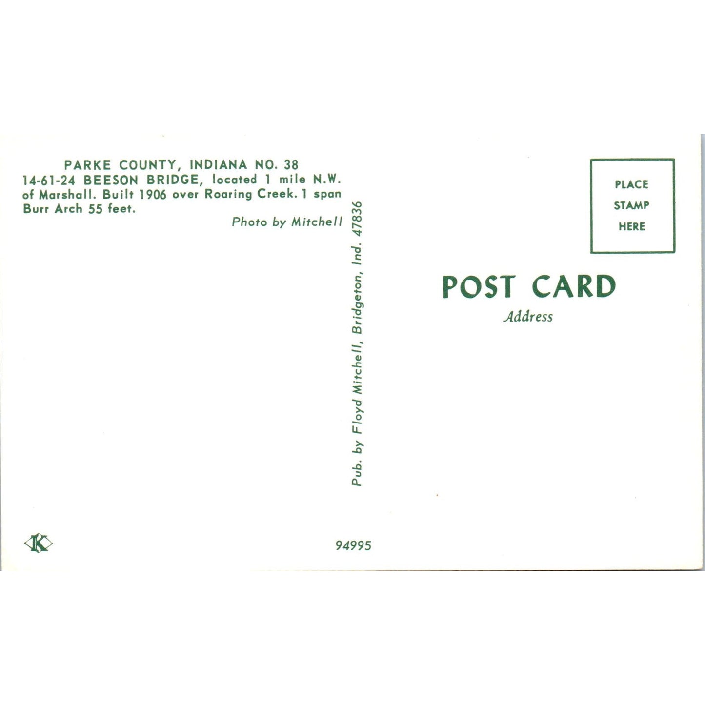 Benson Bridge Parke County Indiana #38 Covered Bridge Postcard PB10