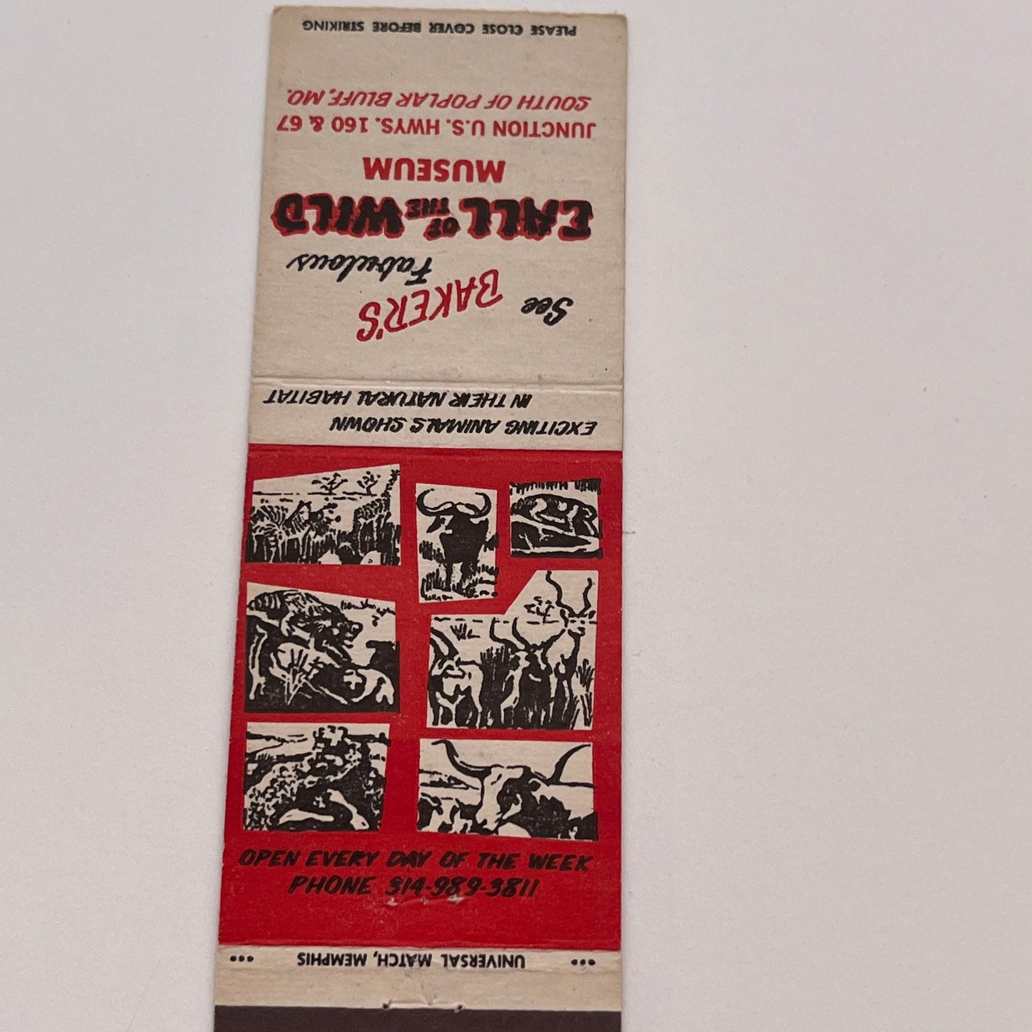 Baker's Call of the Wild Museum Poplar Bluff MO Vtg Matchbook Cover TB6-MB2-3