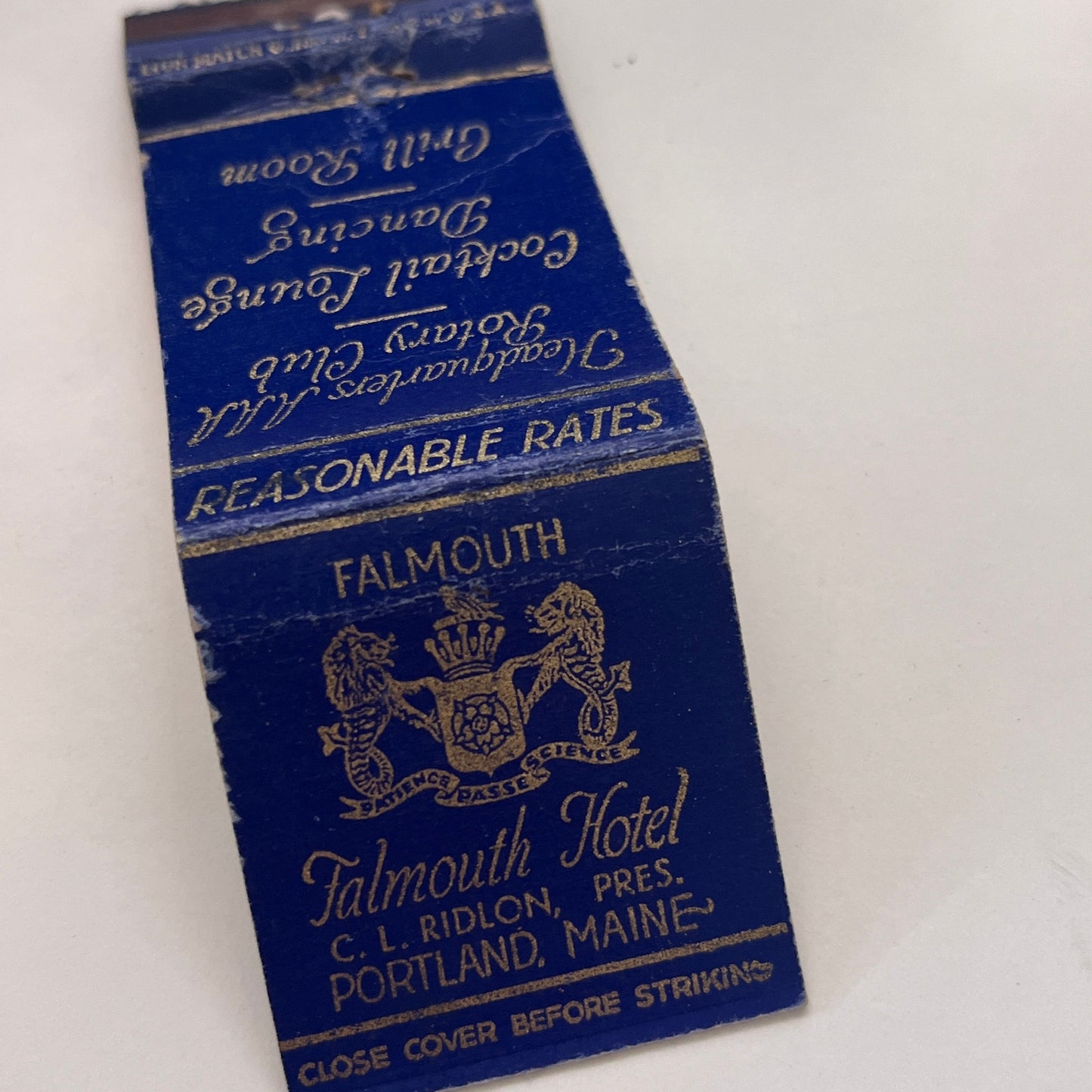Falmouth Hotel C.L. Ridlon Portland Maine Vintage Matchbook Cover TB8-MB-14