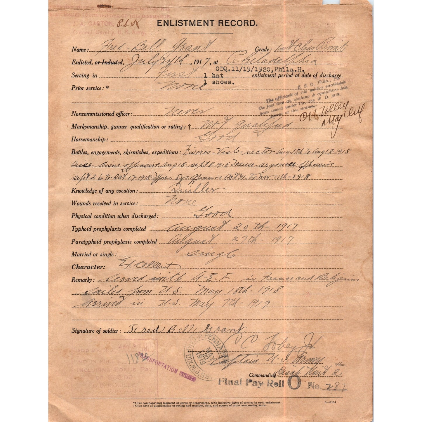 1919 WWI Honorable Discharge Certificate Fred Bell Grant Chester PA D21