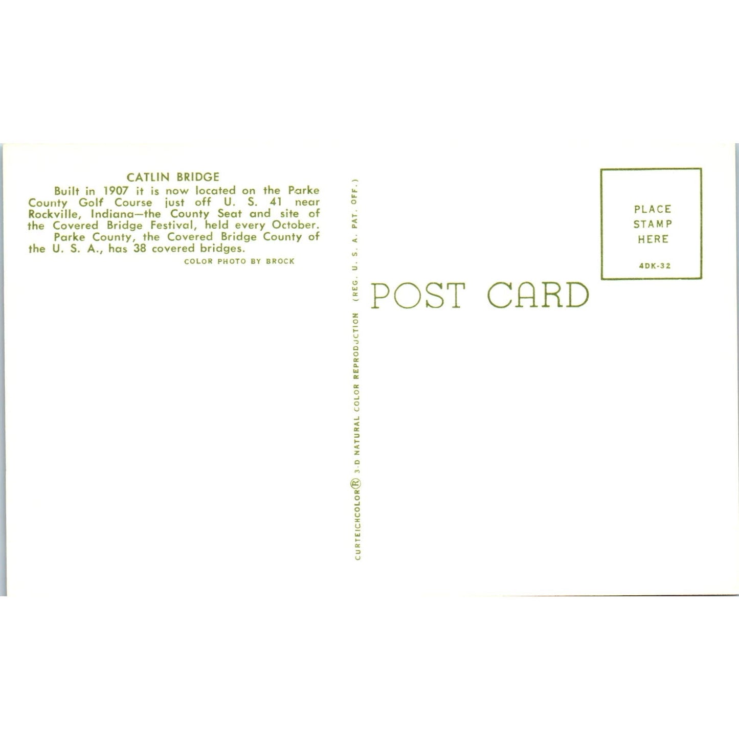 Catlin Bridge Rockville Indiana Vintage Covered Bridge Postcard PD6