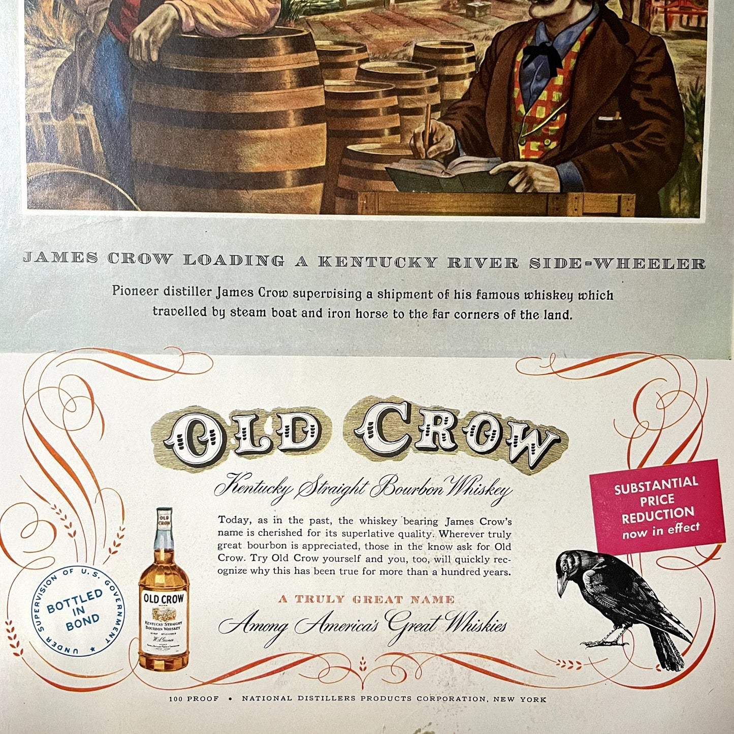James Crow Loading a Kentucky River Side-Wheeler Old Crow Magazine Ad 10x13 V11