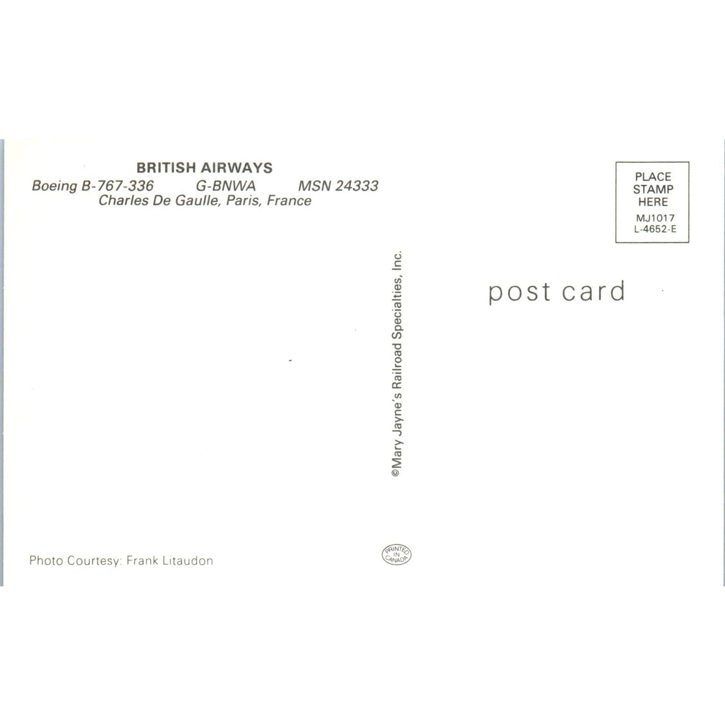 British Airways Boeing B-767-336 G-BNWA Vintage Postcard TG8-PC