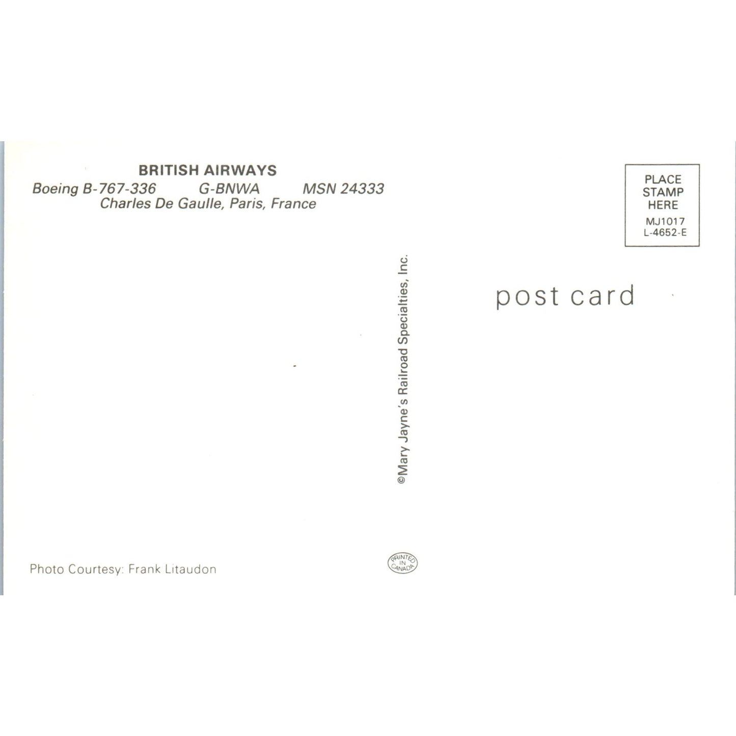 British Airways Boeing B-767-336 G-BNWA Vintage Postcard P4-5
