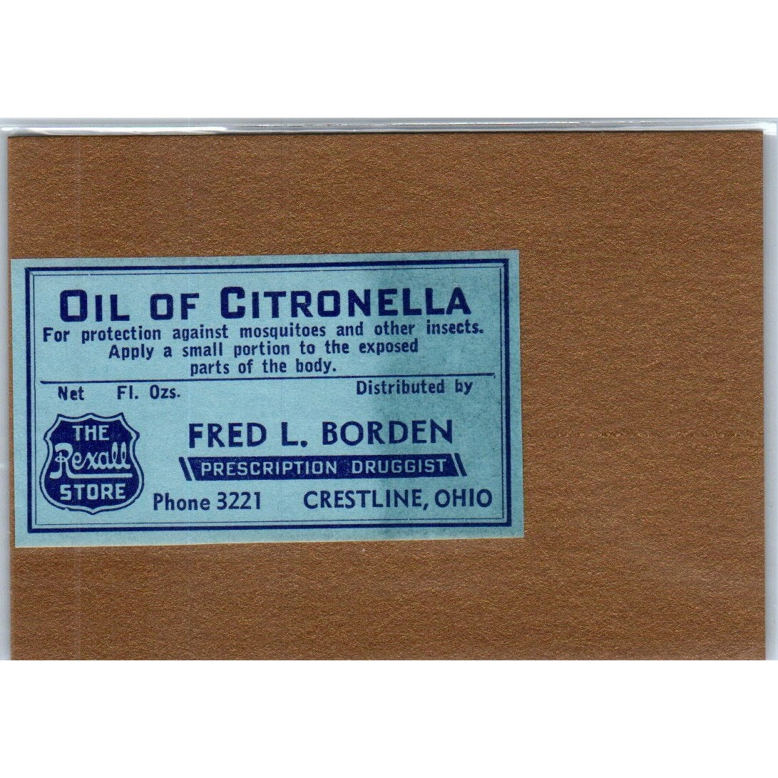 Fred L Borden Citronella Oil Crestline OH Rexall Antique Apothecary Label TH2-AL