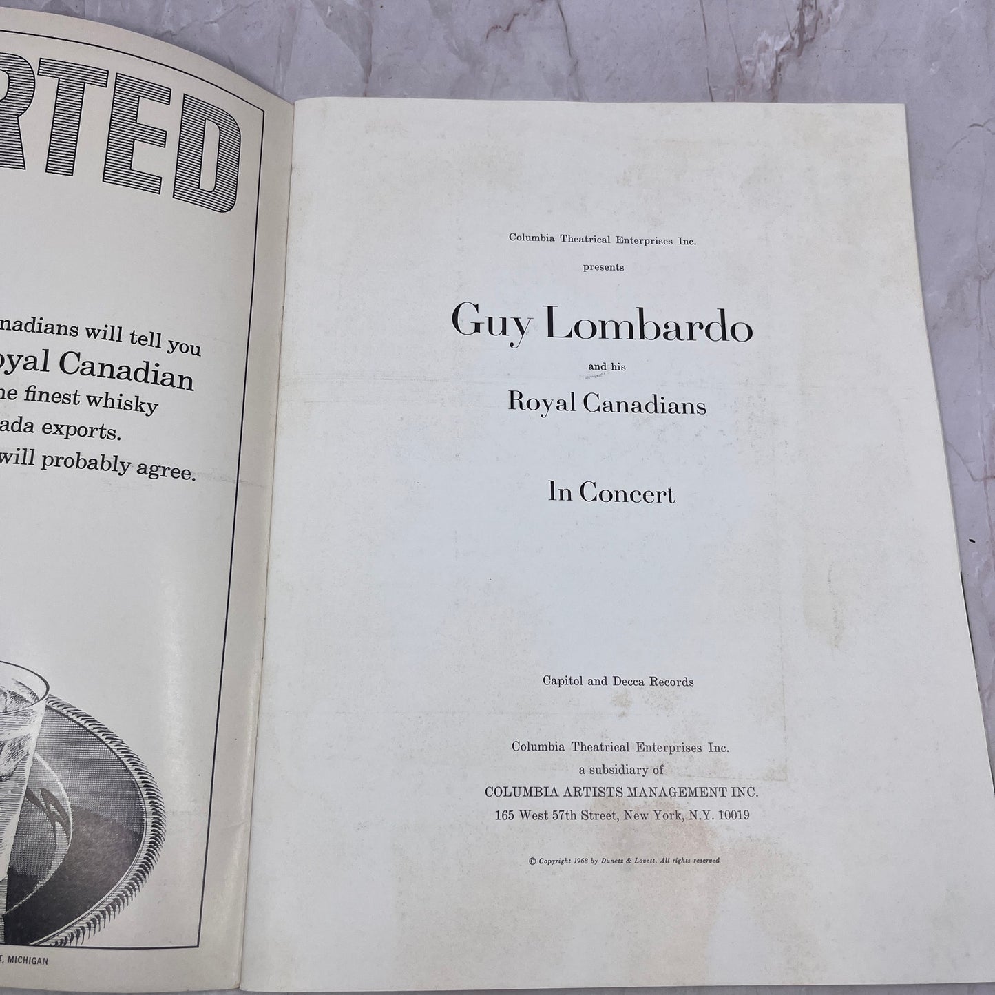 1968 Guy Lombardo and his Royal Canadians in Concert Souvenir Program TA9-E2
