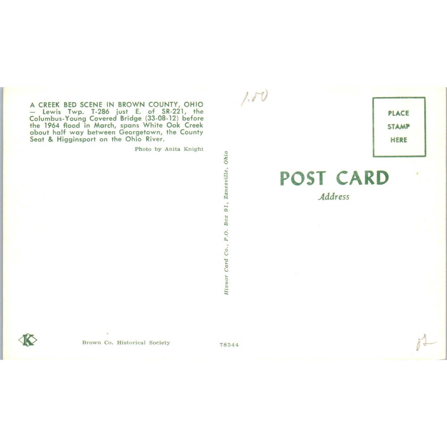 Brown County Lewis Twp Columbus-Young Bridge OH Covered Bridge Postcard PC5