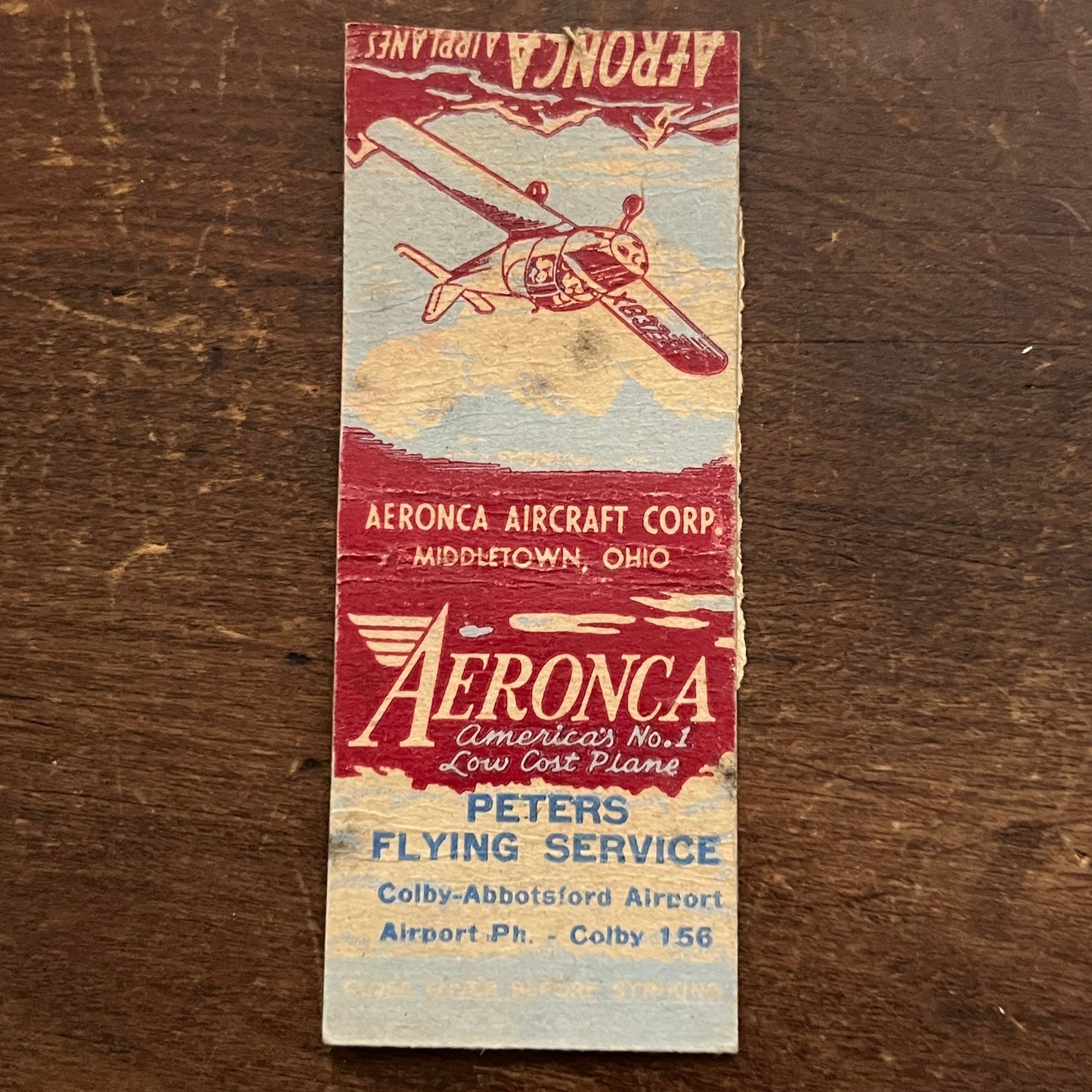 Peters Flying Service Aeronca Colby-Abbotsford Airport OH Matchbook Cover SC7-Y5