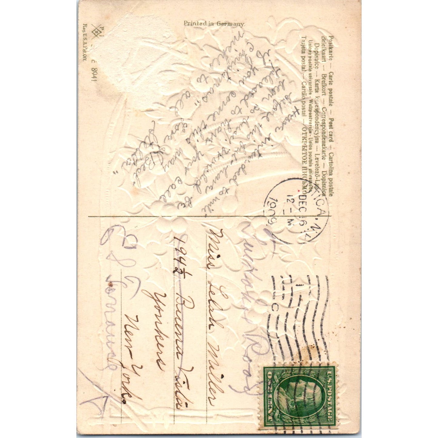 1907 Christmas Bells Holly Utica New York Vintage Postcard PD1