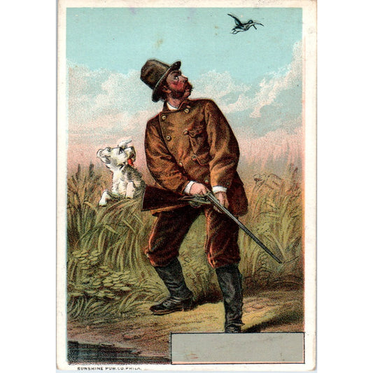 H.E. Bailey Drug Store Unadilla NY Man and Dog Hunting c1880 Trade Card AF1-AP8