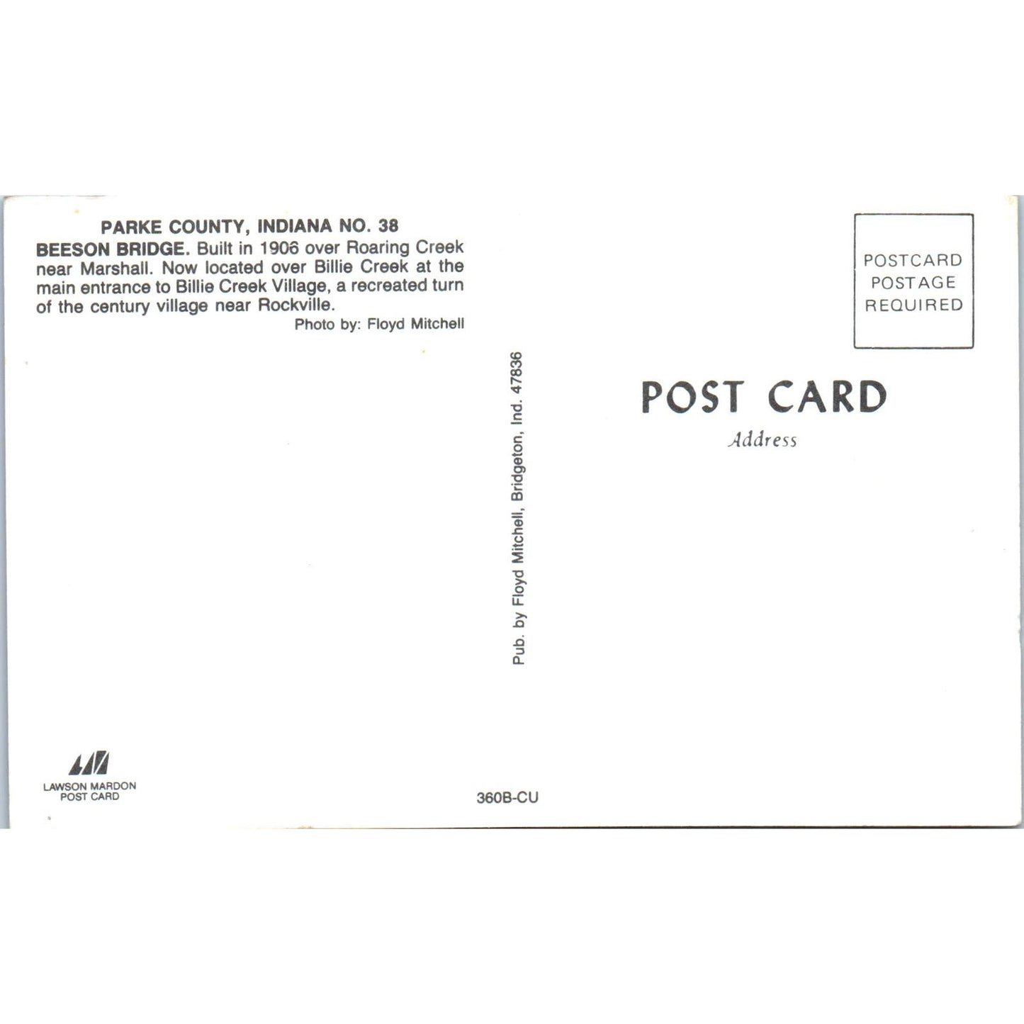 Beeson Bridge Parke County Indiana #38 Covered Bridge Postcard PB10