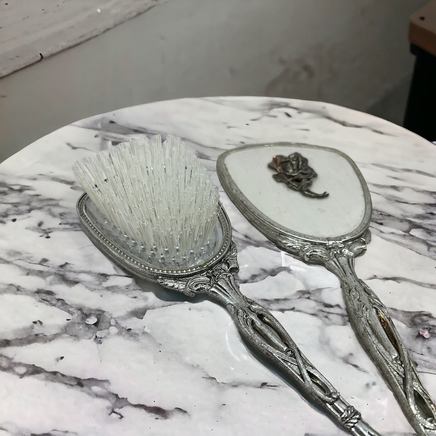 1950s Vanity Set Brush Comb Mirror Chrome Silver Toned Ornate Roses TF5