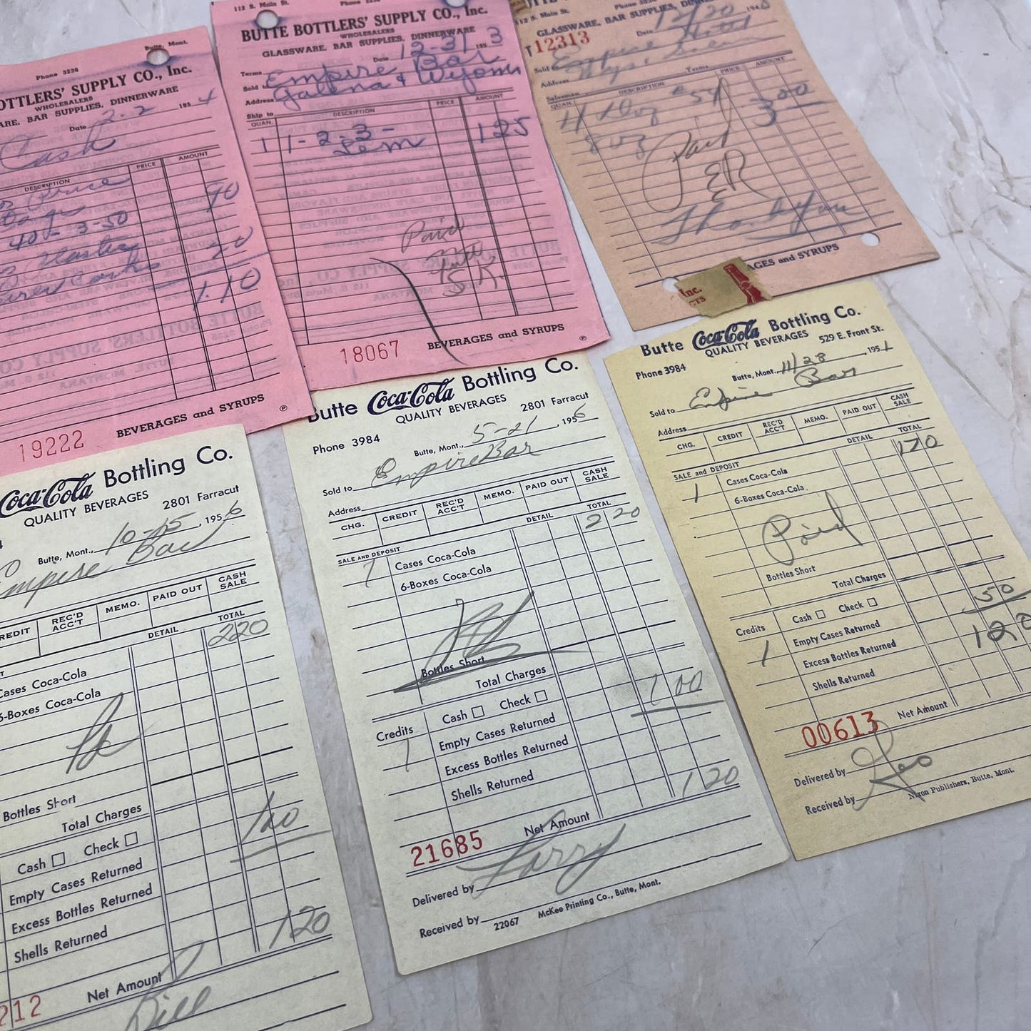1950s Coca Cola Coke Receipt Lot of 8 Butte Bottler's Supply Co Montana AE8-1