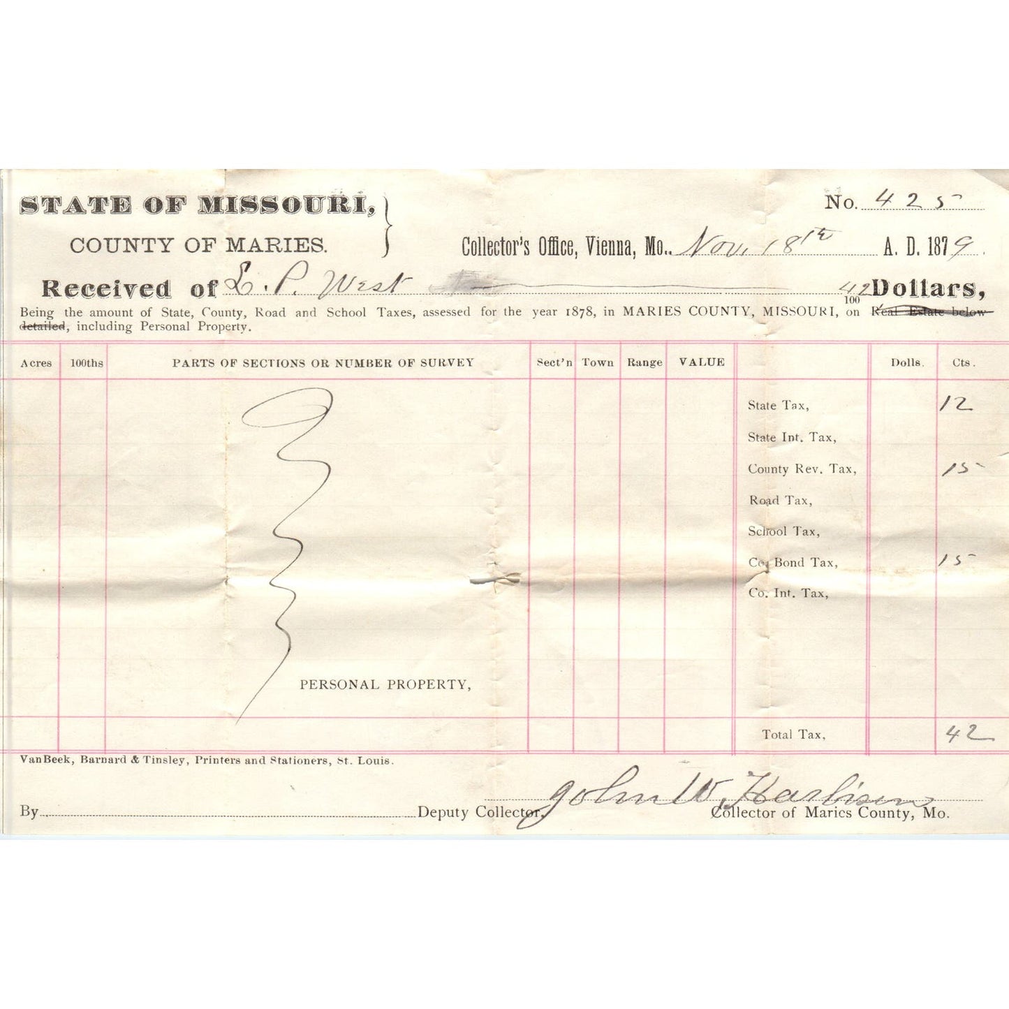 1879 Missouri County of Maries Tax Collector Receipt Vienna MO AE7