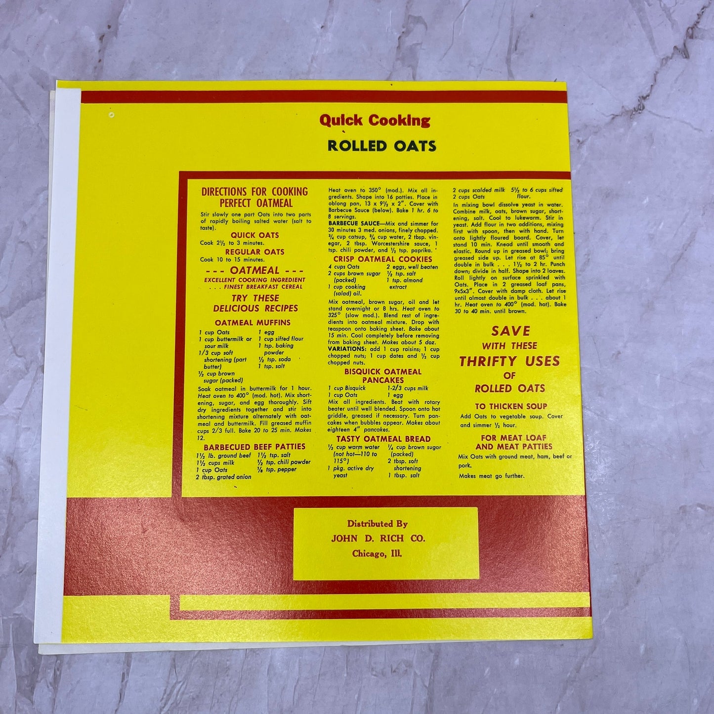 Rich Valley Rolled Oats Label John D. Rich & Co Chicago IL TH9