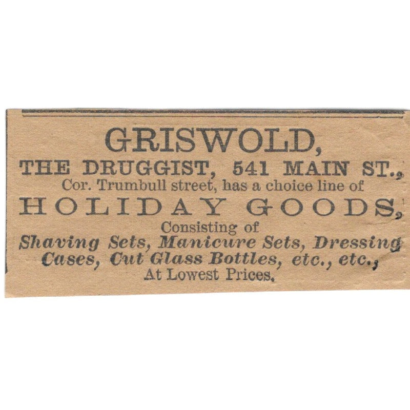 Griswold Druggist Main Street Hartford 1886 Newspaper Ad AF7-SS7