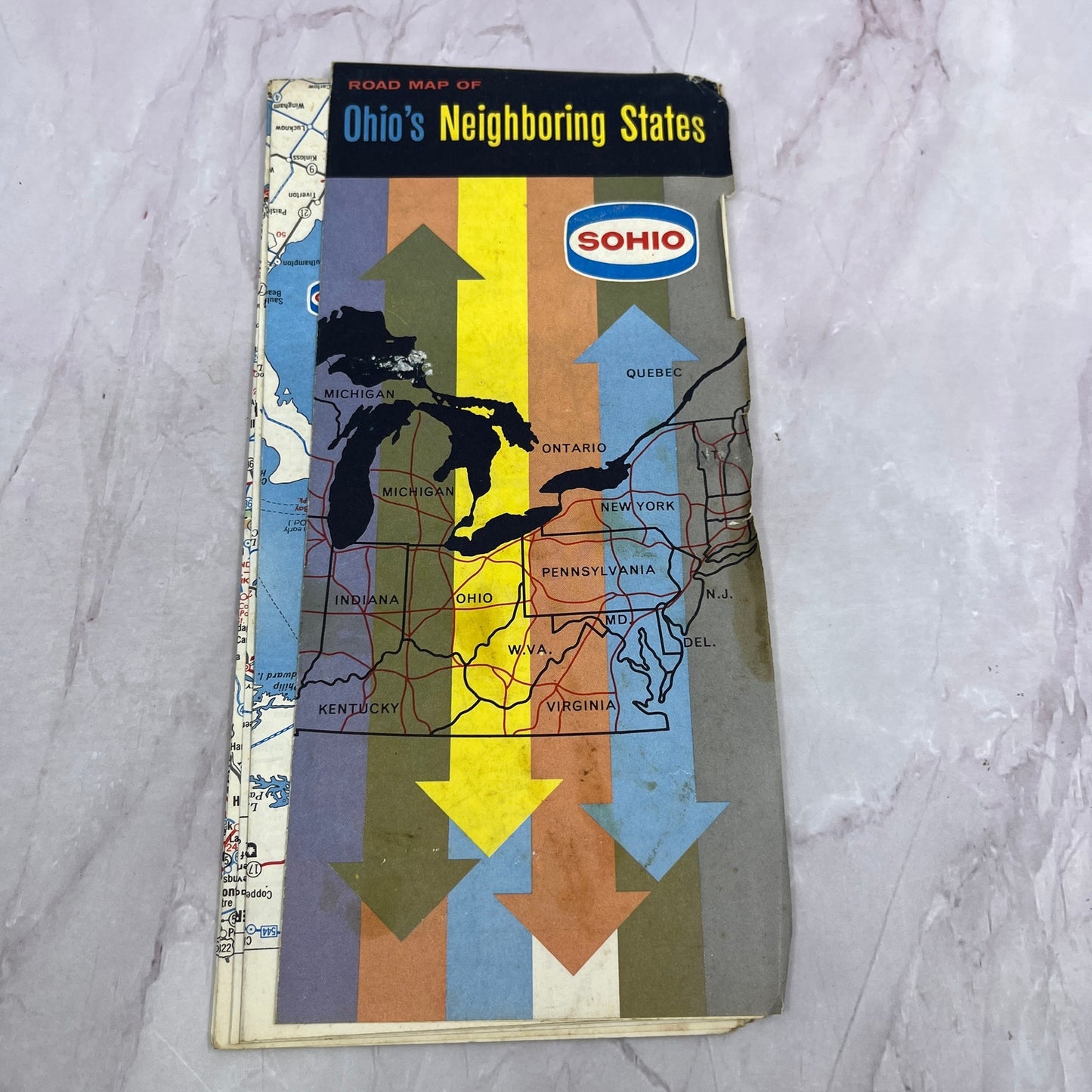 1963 SOHIO Road Map of Ohio's Neighboring States Fold Out Map TH2-MP1
